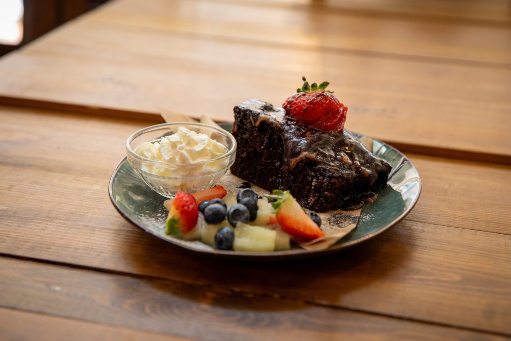 Chocolate cake, ice cream and fruit on plate